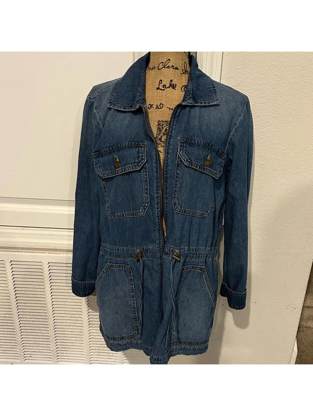 Michael Kors Admiral Blue Denim Drawstring  Zip Up Jean Jacket size L